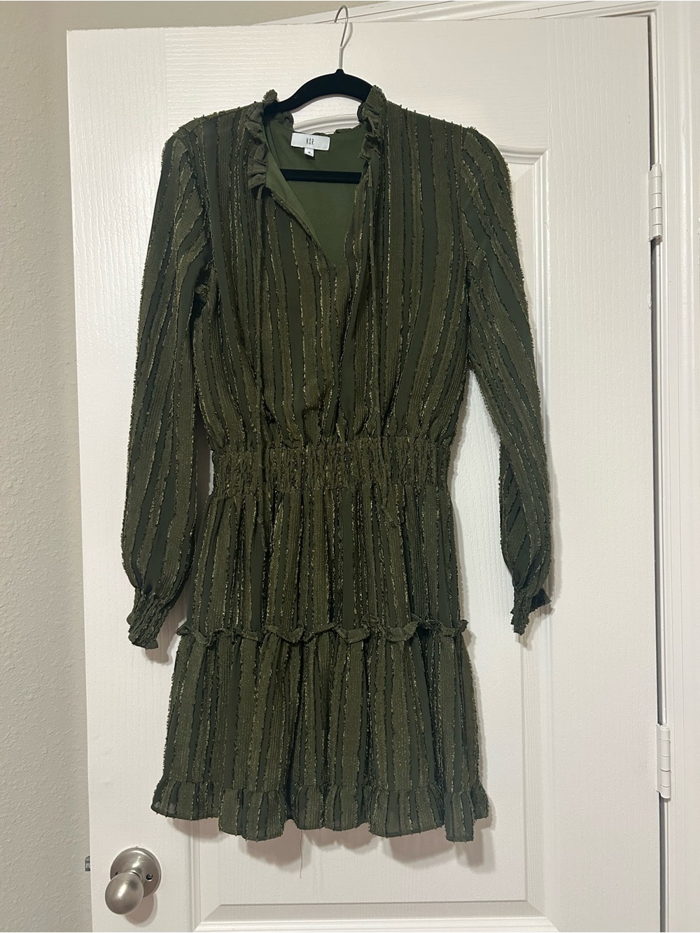 NSR Olive Green Long Sleeve Tiered Mini Dress